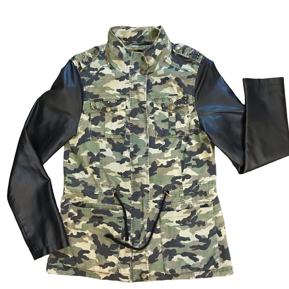 Blanc Noir Camo Anorak Utility Jacket Full Zip Black Faux Leather Sleeves Small
